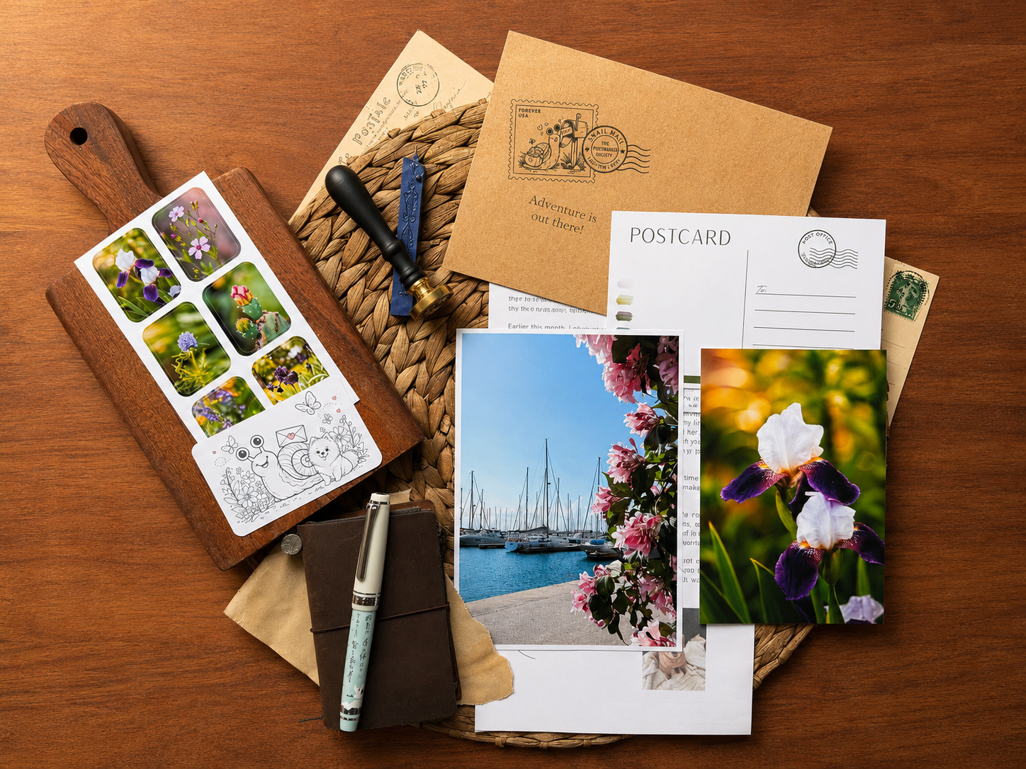 Collection of postcards, stationery items, and a pen on a wooden surface