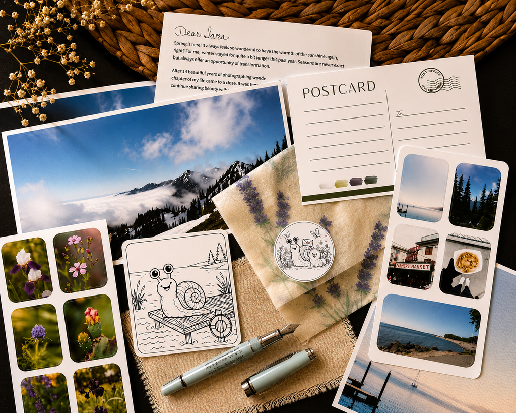 Collection of postcards, stationery items, and a pen on a textured surface.